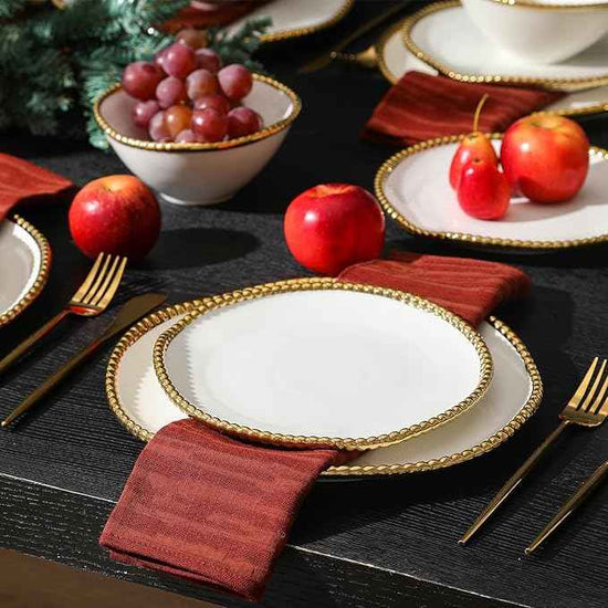 Christian Siriano Akoya Porcelain Dinnerware Set, 24-Piece - Dish Set for 8, Plates and Bowls Set, White and Gold