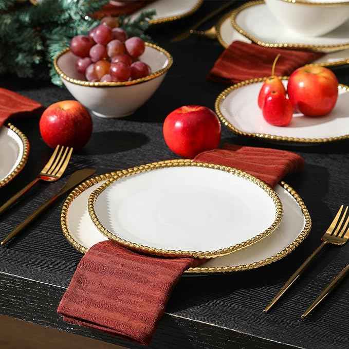 Christian Siriano Akoya Porcelain Dinnerware Set, 24-Piece - Dish Set for 8, Plates and Bowls Set, White and Gold