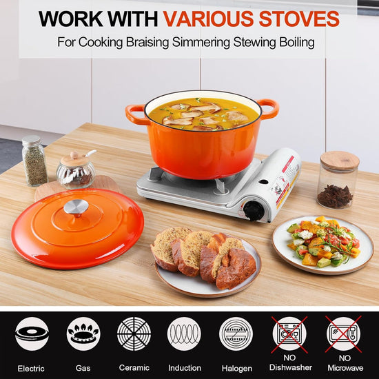 P&P CHEF 6QT Enameled Dutch Oven, Cast Iron Dutch Oven Pot with Lid for Bread Baking, Enameled Casserole Pot for Roasting Braising Stewing Frying Simmering, Various Stoves & Easy Clean, Orange - Nestoria