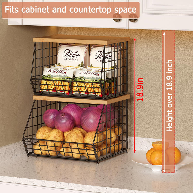 2 Set Stackable Wire Basket with Wooden Tops & Pad for kitchen organizers and storage (2 Count)