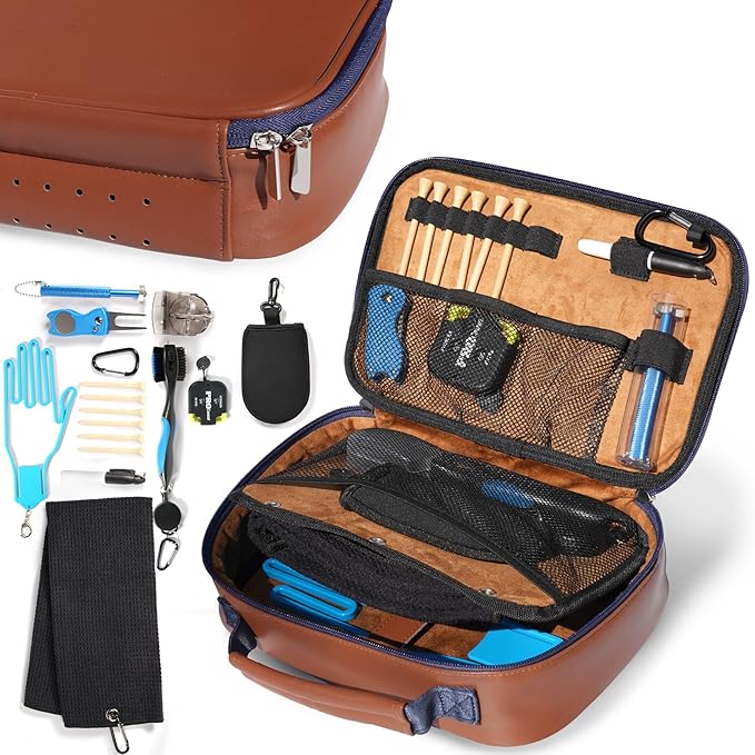 GAIARENA Golf Essential Accessories Kit with Luxury Carrying Case Bag, Golf Gift for Golfers, Golf Ball Liner Towel Cleaning Brush Divot Repair Tool Club Groove Sharpener
