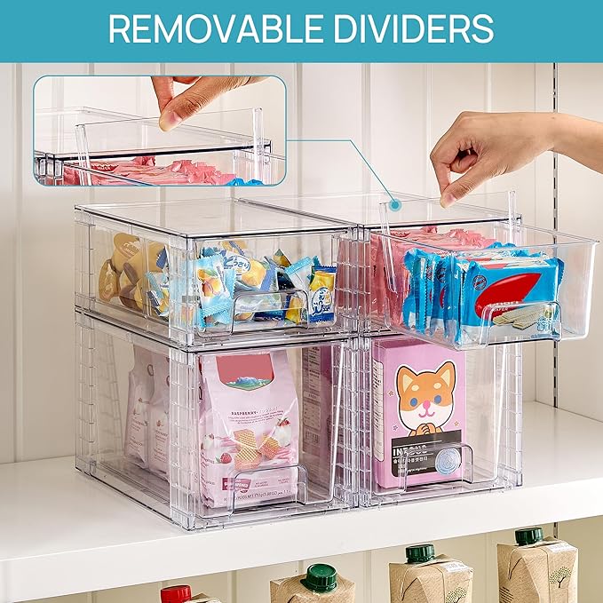 Vtopmart 4 Pack Clear Stackable Storage Drawers,Under Sink and Kitchen Organizers Storage,Easy to Assemble Plastic Drawers for Baby Bottle,Medicine, Bathroom,Cabinet and Pantry Organization