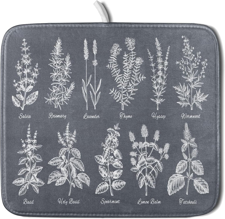 Flower Herbs Dish Drying Mat Wild Plant Dish Rack Mat with Hanging Loop Fast Dry Dish Drainer Pad for Kitchen Counter Sink 16x18 Inch