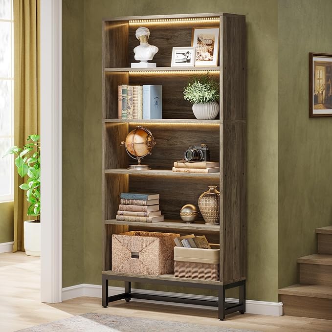 Tribesigns Tall Bookcase Bookshelf, 70.8" Large Bookcases Organizer with LED Lights, Heavy Duty Free-Standing Library Bookshelf with 5-Tier Storage Shelves for Living Room, Bedroom (Gray)