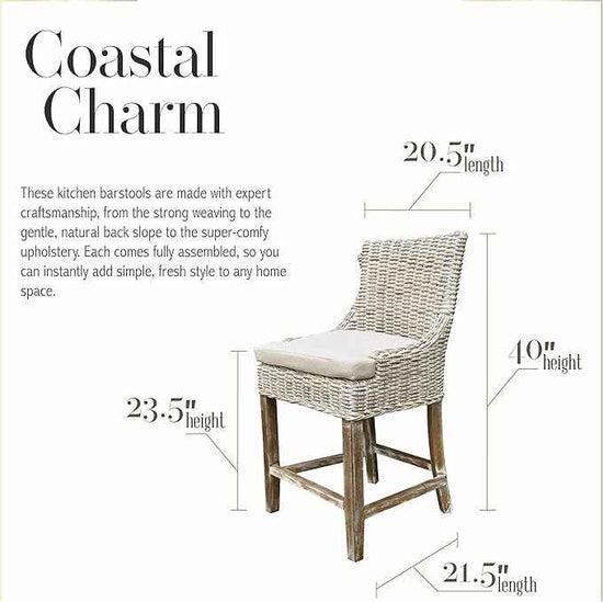 Alfresco Kuba-Weave Counter Stool, Wooden Stool, Kitchen Counter Stool, 23 Inch Seat Height, Off White