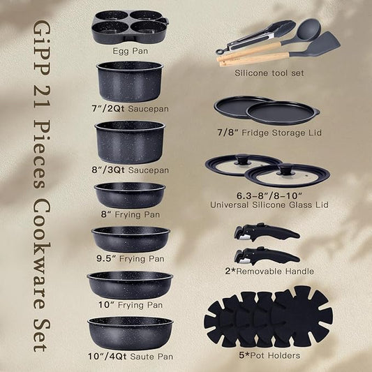 GiPP Ceramic Pots and Pans Set Non Stick, Nonstick Detachable Handle Cookware Sets, Healthy Non Toxic PFAS PFOA & PTFE Free, Dishwasher ＆Oven Safe, Induction Kitchen Pot and Pan, 21 Piece Grey