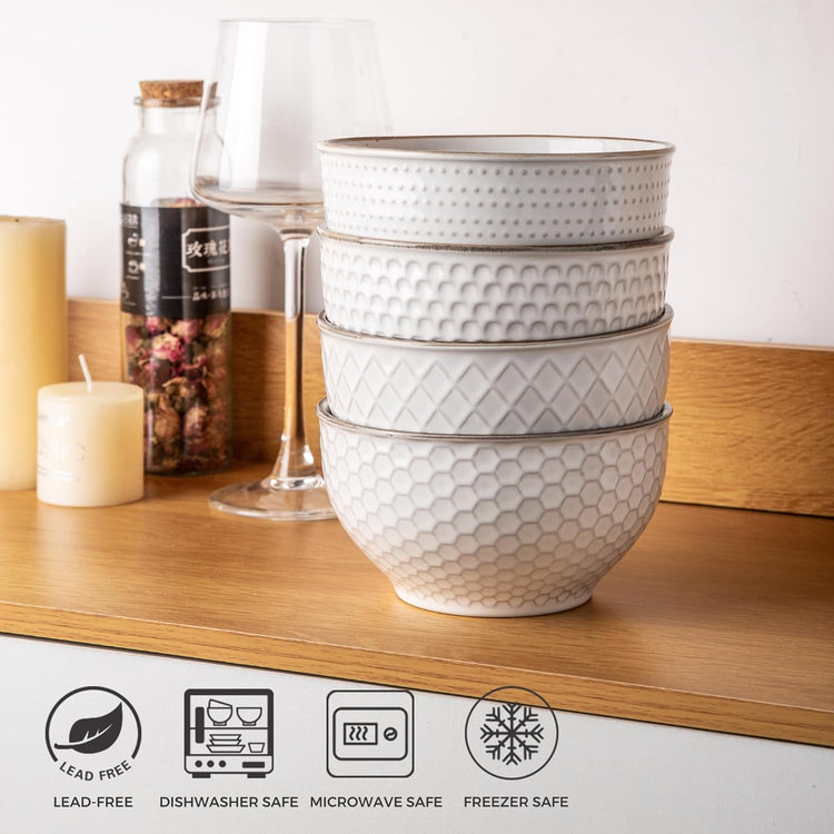 GBHOME Stoneware Cereal Bowls Set of 4, 24 oz Ceramic Soup Bowls with Texture Patterns for Soup,Oatmeal, Snacks, Perfect Bowls for Wedding, House-warming Gift-Off White