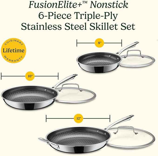 Cuisinart FusionElite+ Hybrid Nonstick Tri-Ply Stainless Steel Cookware Set, 6-Piece Skillet Cooking Set with PURELYSEAR Ceramic Nonstick Technology, Scratch Proof, Cool Grip Handles, Dishwasher Safe