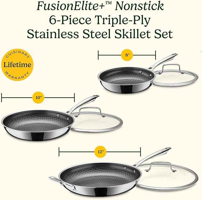 Cuisinart FusionElite+ Hybrid Nonstick Tri-Ply Stainless Steel Cookware Set, 6-Piece Skillet Cooking Set with PURELYSEAR Ceramic Nonstick Technology, Scratch Proof, Cool Grip Handles, Dishwasher Safe