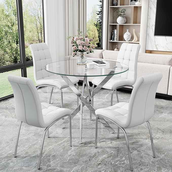 5 Piece Round Glass Dining Table Set, Round Tempered Glass Kitchen Table Set for 4, Modern Table Set with 4 High-Back Upholstered Chairs for Kitchen Dining Room (Silver Legs, 4 White Chairs)