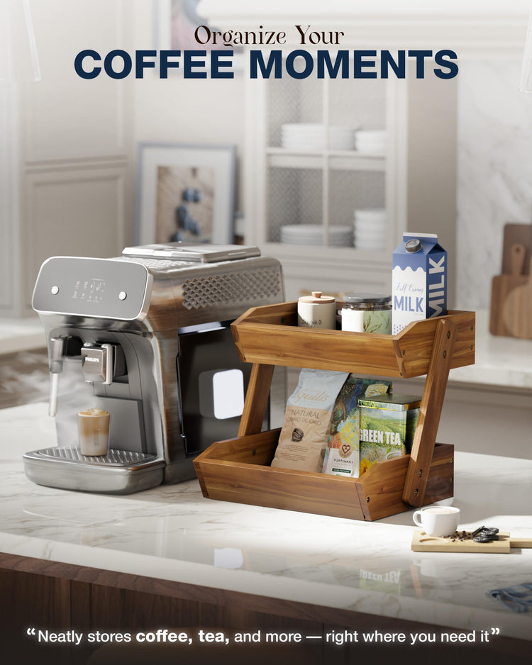 2 Tier Acacia Wood Fruit Stand for Kitchen Countertop Storage