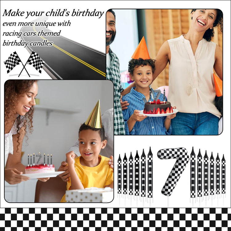 13 Pcs Racing Cars Themed Birthday Candles Black and White Race Number 7 Checkered Candle Cake Topper for Racing Car Party Decoration Supplies (13 Count)