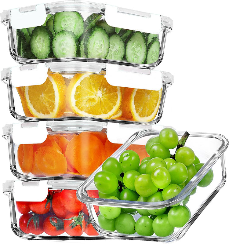 VERONES 5 Pack 36 OZ Glass Meal Prep Containers, Airtight Glass Lunch Containers Set, Food Storage Containers with Lids,Exclusive of BPA, for Microwave, Oven, Freezer & Dishwasher Friendly,White