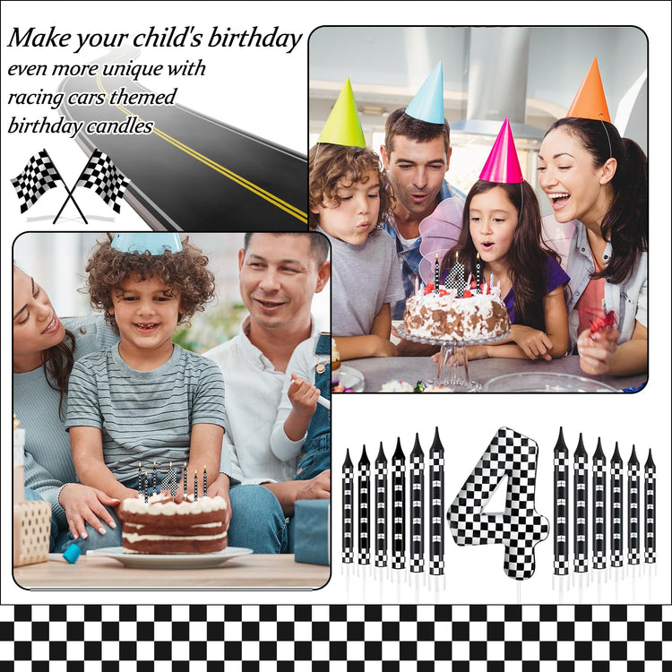 13 Pcs Racing Cars Themed Birthday Candles Black and White Race Number 4 Checkered Candle Cake Topper for Racing Car Party Decoration Supplies (13 Count)