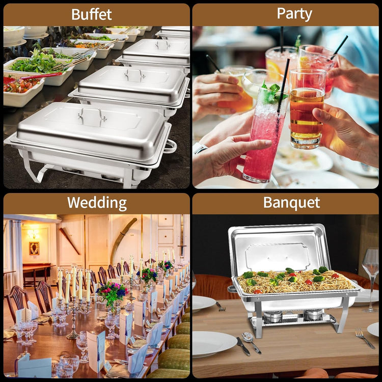 8 Qt 5 Pack Full Size Chafing Dishes Buffet Set, Silver Stainless Steel Rectangular Catering Chafer Warmer Set with Trays Pan Lid Folding Frame Stand for Kitchen Party Banquet Dining