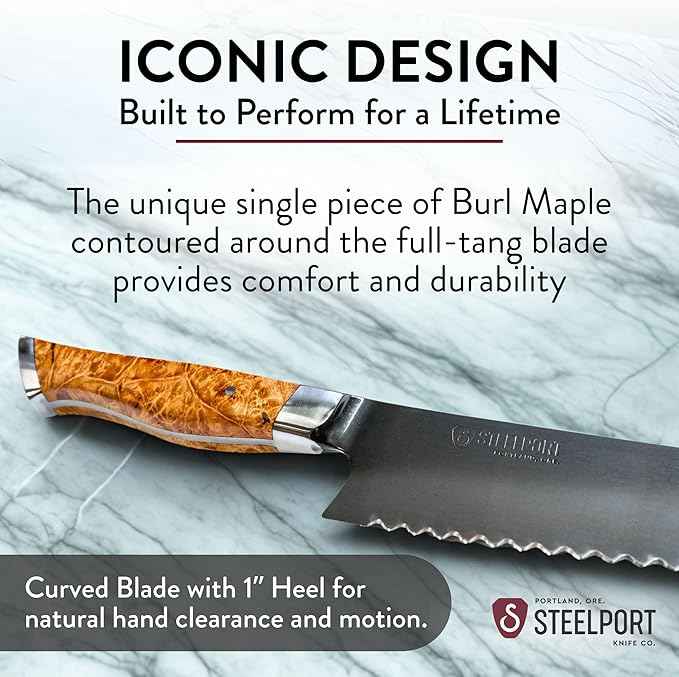 STEELPORT 10 Inch Bread Knife – Heirloom Quality Carbon Steel Serrated Knife for Sourdough, Artisan Loaves | Handmade Bread Cutting Tool with contoured Oregon Big Leaf Maple Burl Handle | Made in USA