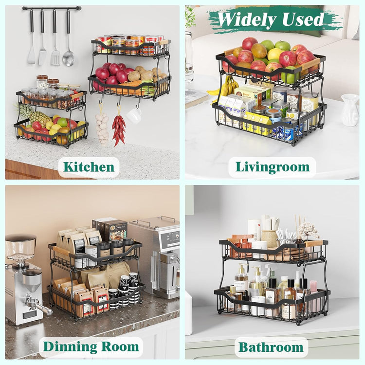 Giwil 2 Tier Countertop Fruit Basket for Kitchen, Vegetable Storage Bread Fruit Bowl Stand with 2 Banana Hangers, Wall Mounted Metal Wire Basket Organizer for Potato Onion, Black