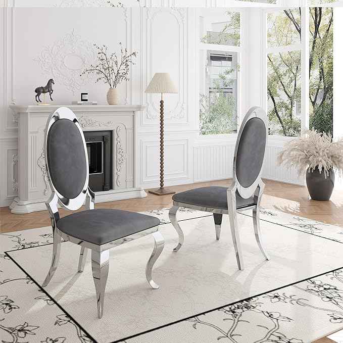 Modern Dining Chairs Set of 6, Luxury Velvet Upholstered Armless Dining Room Chair with Mirrored Stainless Steel Silver Legs, Mid Century Accent for Wedding Party Banquet Reception, Grey