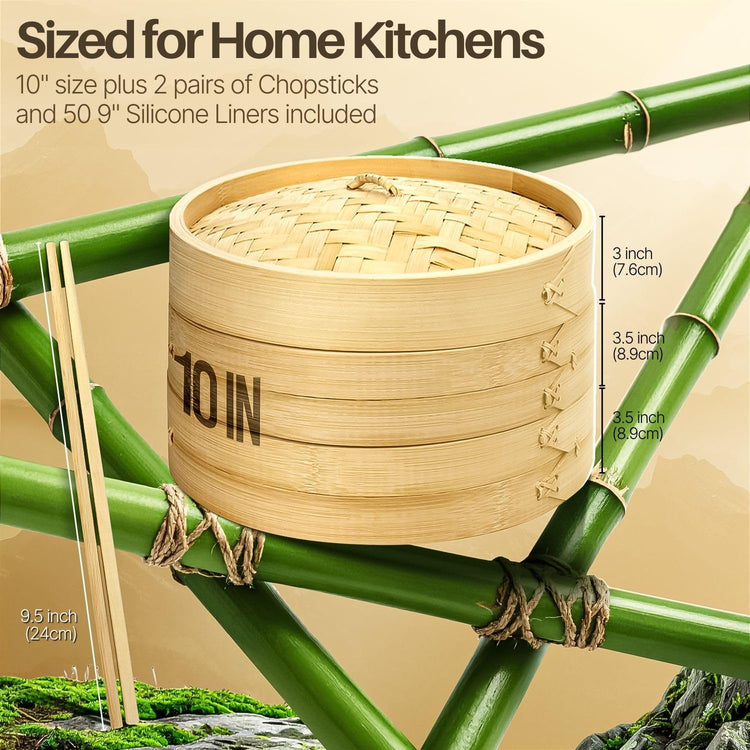 10 Inch Bamboo Steamer Basket Set for Dumplings and Dim Sum