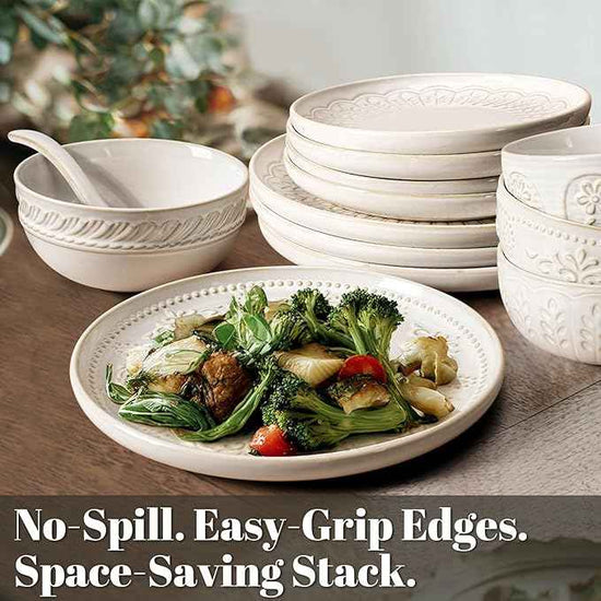 Artena Plates And Bowls Sets, 16 Pieces Dinnerware Sets, Dish Set For 4, Ceramic Kitchen Bowl And Plate Set, Embossed White Dishware Sets, Dishwasher & Microwave Safe (Multiple Patterns)