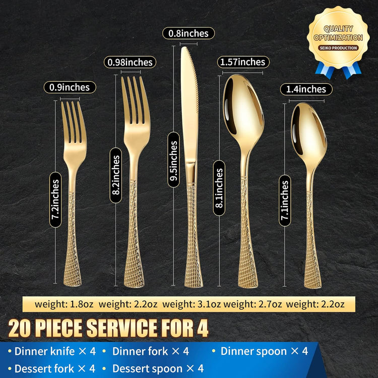Hammered Gold Silverware Set,20 Piece Modern Flatware Set Service for 4,Mirror Polished Stainless Steel Cutlery Set Utensil Set Tableware Set,Kitchen Knives Forks Spoons Set,Dishwasher Safe
