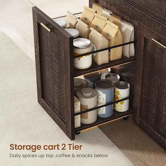 Itaar 71" Arched Kitchen Pantry Cabinet, Kitchen Storage Cabinets with 1 Large Drawer & Storage Cart 2 Tier & Door Shelves for Living Room, Dining Room, Brown