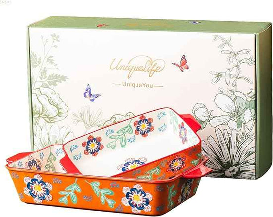 Ceramic Baking Dish Set, 2-Piece Stoneware Bakeware with Handles, 3QT & 1.2QT Casserole Dishes for Oven to Table, Microwave Dishwasher Safe, Lead-Free, Hand-Painted Bakeware -Warm Orange
