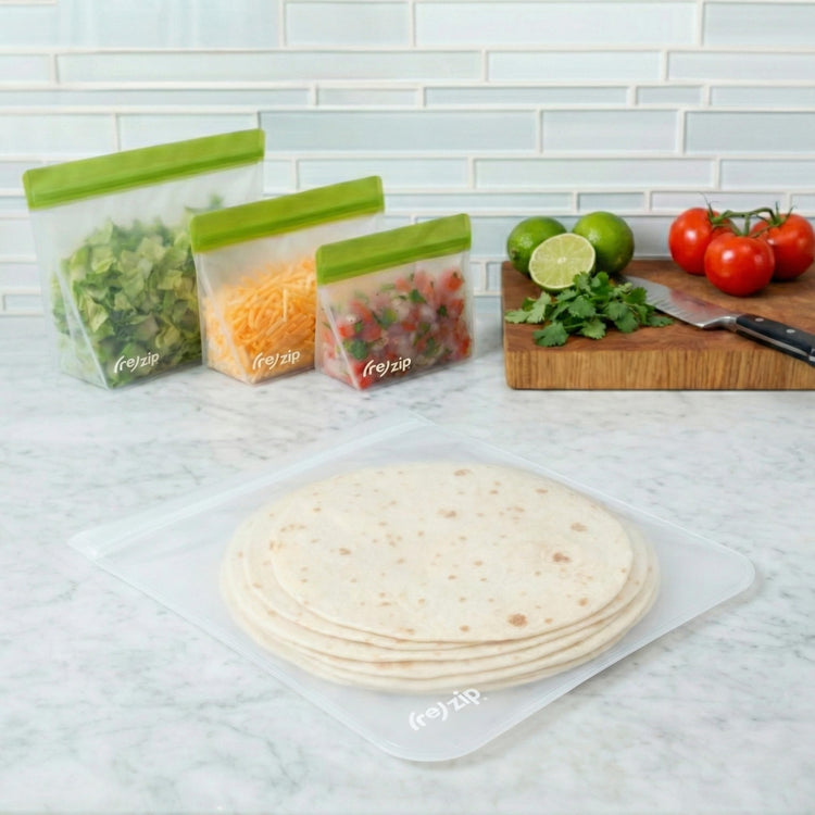 re) zip 3-Piece Stand-Up Reusable Bag Kit | BPA-Free, Food Grade, Leakproof, Freezer and Dishwasher Safe | Quart (1), 2-Cup (1), Snack (1) | Green