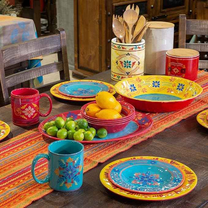 Paseo Road Bonita Talavera 14 Piece Melamine Plastic Dinnerware Set with Plates, Bowls and Serving Platter, Indoor Outdoor Camping Dishes Set, Floral Design Western Dish Set for 4