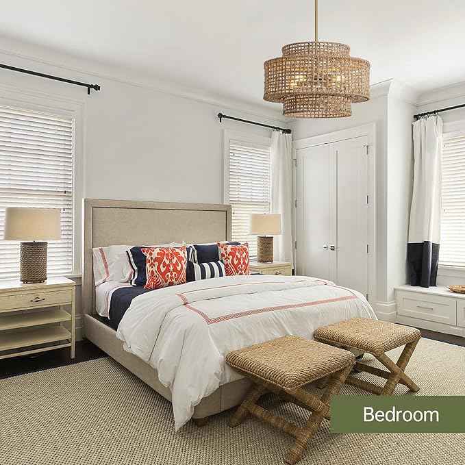 17.7” Boho Rattan Chandelier Light Fixture 4-Light Hand Woven Rustic Chandeliers with Wicker Shade, Farmhouse Chandelier Hanging Light for Dining Room Kitchen Island, Living Room, Foyer