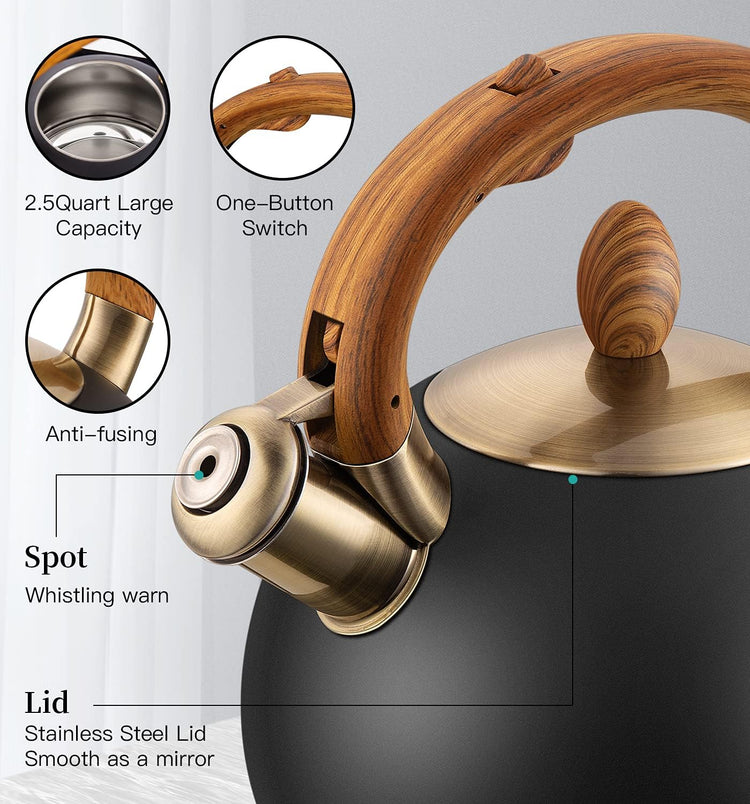 Tea Kettle & Tea Pot, 2.64 Quart Food Grade Stainless Steel Induction Whistling Tea Kettle for Stove Top Home Daily Use Teapot with Cool Touch Ergonomic Handle Polished Black