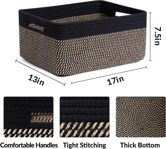 Large Storage Baskets for Shelves, Closet Organizers Bins for Clothes Blanket Towels, Baby Nursery, Toy Baskets Box, Woven Rope Baskets, 17 x 13 x 7.5”, 3 Packs Woven Brown
