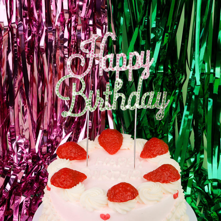 Happy Birthday Cake Topper Pink & Green Rhinestones Witch MovieThemed Cake Topper for Birthday Party Decorations