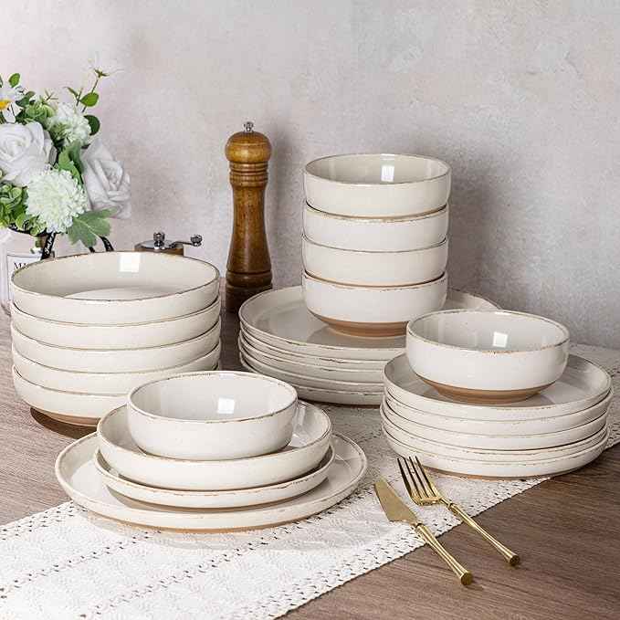 AmorArc Dinnerware Sets with Pasta Bowls for 4, Handpainted Stoneware Plates and Bowls Set with Rustic Terracotta Underside, Scratch Resistant Dishes Set, Dishwasher & Microwave Safe, 16 Pcs