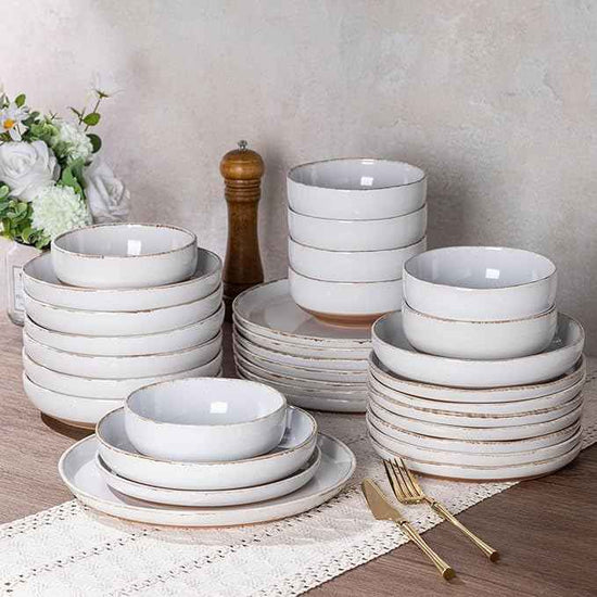 AmorArc Ceramic Dinnerware Sets with Pasta Bowls for 4, Handpainted Plates and Bowls Set with Rustic Terracotta Underside, Scratch Resistant Dishes Set, Dishwasher & Microwave Safe, 16 Pcs-White