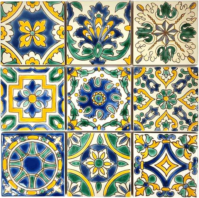 DYARI Set of 9 Decorative Ceramic Tiles – Hand Painted Indoor & Outdoor – Artisan Top Kitchen – Mediterranean Decorative 4x4 / One Tile Durable Colorful (Mediterranean, 45 Tiles (5 Sq Ft))