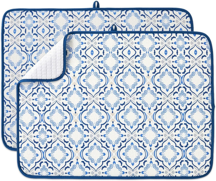 FRESHMINT Printed Dish Drying Mats for Kitchen Counter 2 Pack Absorbent Reversible Drying Mats Microfiber Kitchen Countertop Protector Dishes Drying Pad Extra Large 18"x24" Dish Mat