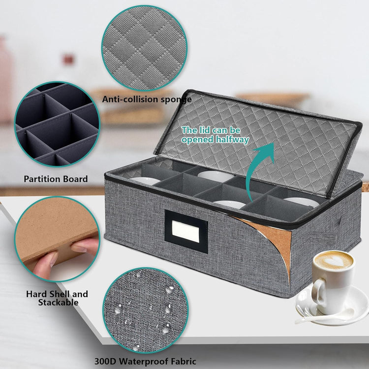 VERONLY Mug and Cup Storage Box with Dividers, Coffee Mug Storage Case China Storage Containers Hard Shell with Lid and Handles, Stackable for 12 Coffee Mugs, Tea Cups, Moving & Packing (Dark Grey)