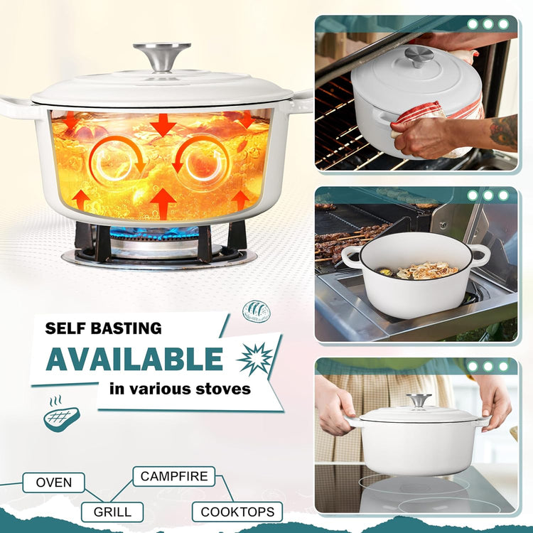 Small 3 Quart Dutch Oven, HaSteeL Round Cast Iron Cooking Pot with Lid, Nonstick Enameled Cookware for Sourdough Bread Baking Roasting Stewing Braising Frying, Heavy Duty & Oven Safe 500℉, White - Nestoria
