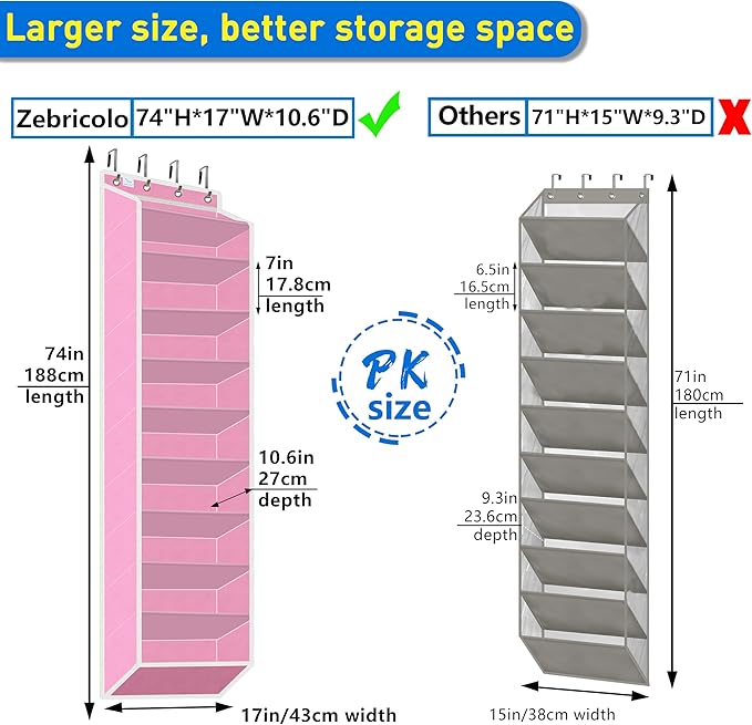 Over The Door Shoe Organizer, 70 Pounds Large Capacity, 20-30-Pair shoe organizer, Heavy Duty-Extra Deep Pockets ,Anti-Scratch Hooks & FSC-Certified Bamboo ,Engineered for Men’s Size 13 shoe,Pink