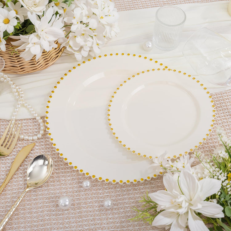100pcs Ivory Plastic Plates with Gold Beads for Wedding & Party (100 Count)