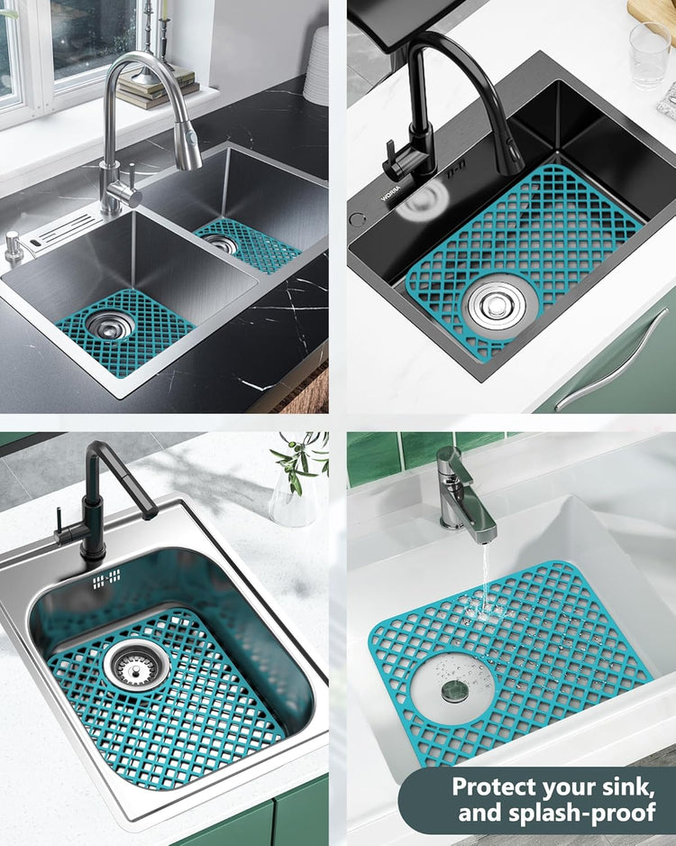 2 Pack Silicone Sink Protectors for Kitchen Sink, Lozenge Pattern 13 x 11 Inches Sink Mat, Non-Slip and Durable Sink Protector Silicone, Rear Drain, Green