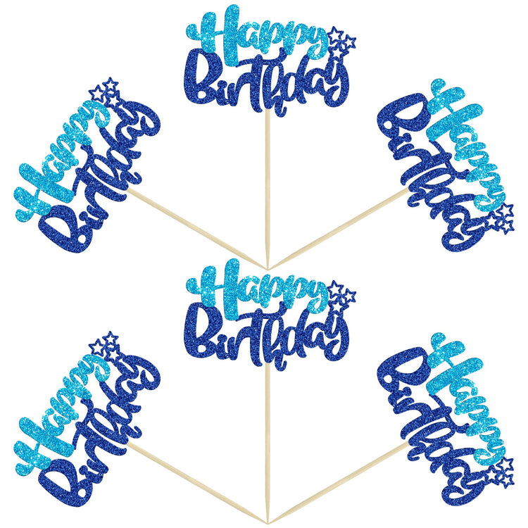 24Pcs Happy Birthday Cupcake Toppers Double Layer Glitter Happy Birthday Cake Decorations for Baby Shower Theme Kids Boys Girls Birthday Anniversary Party Decorations Supplies Blue (24 Count)