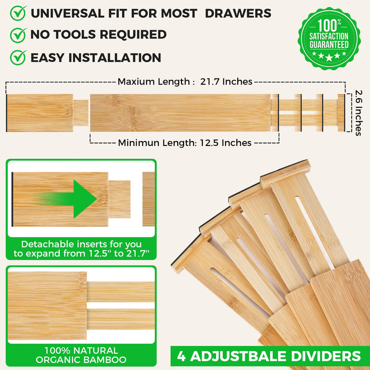 4 Pack Bamboo Drawer Dividers Organizer with Inserts 2.6'' High (4 Count)