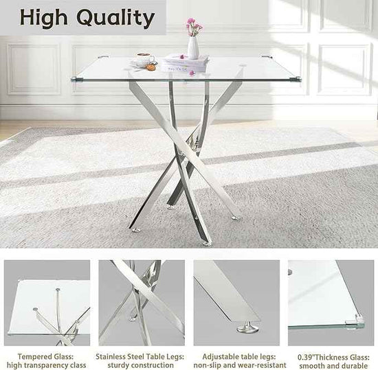 36" Square Glass Dining Table Set for 4, 5-Piece Modern Kitchen Table with 4 Black Velvet Chairs, Modern Circle Leisure Table for Home Office Dining Room Small Spaces (Silver Leg)