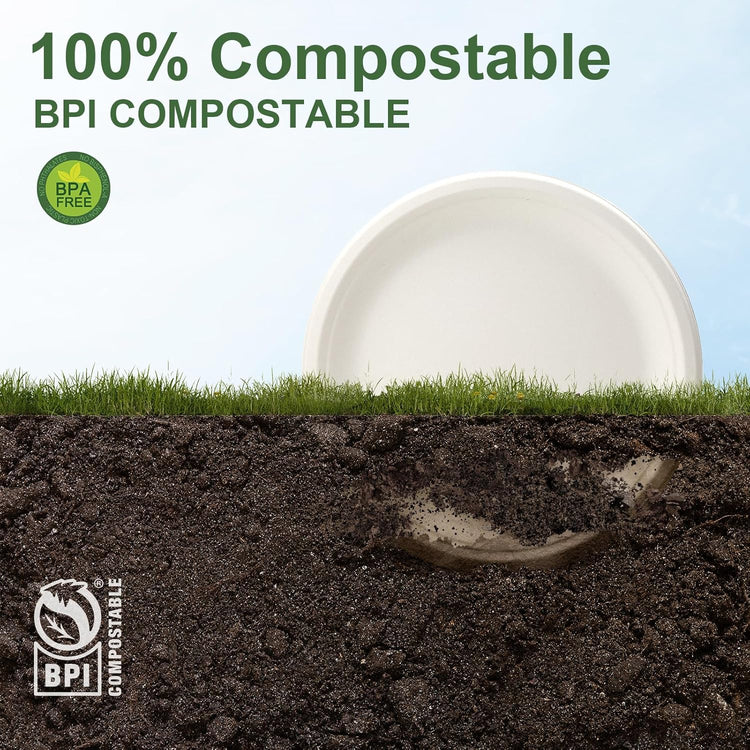 WELLIFE 10 Inch Paper Plates, 125-Pack 100% Compostable Heavy Duty Disposable Plates Bulk, Biodegradable Bagasse, Eco-Friendly, PFAS-Free | BPI Certified | Microwaveable