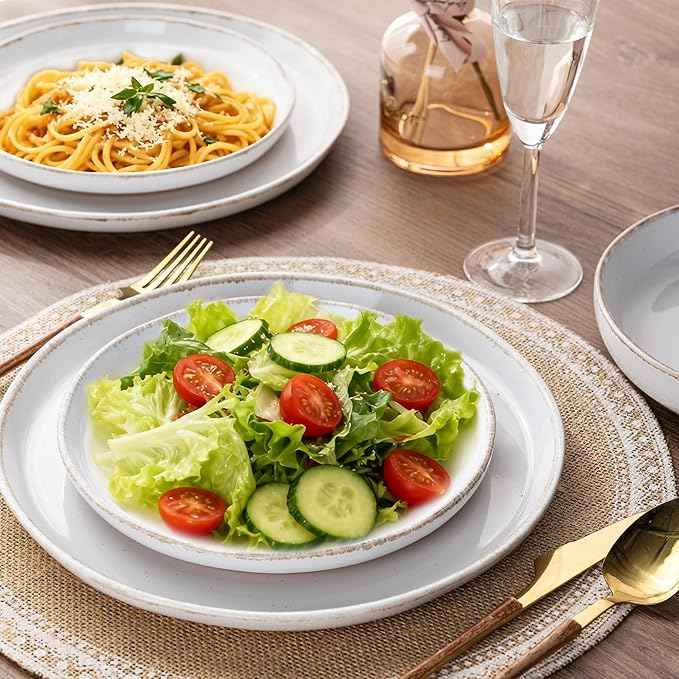 AmorArc Ceramic Dinnerware Sets for 4, 12 Pieces Handpainted Plates and Bowls Set with Rustic Terracotta Underside, Scratch Resistant Stoneware Dishes Set, Dishwasher & Microwave Safe, White