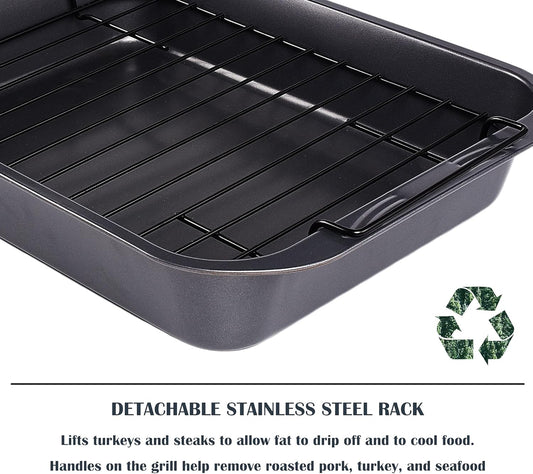 kitCom Bakeware Nonstick Roaster, Nonstick Roasting Pan with Rack, Great For Roast Chicken, Roasts And Turkeys - 15 Inch x 11 Inch (5.8 QT), Gray - Nestoria