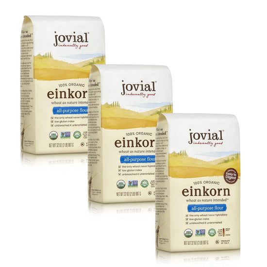 Jovial Organic Einkorn Unbleached All Purpose Flour - Bread Baking Flour for Sourdough, High Protein, Non-GMO, Organic Pizza & Pasta, European Italian, Glyphosate Free - 32 Oz, 3 Pack - Nestoria