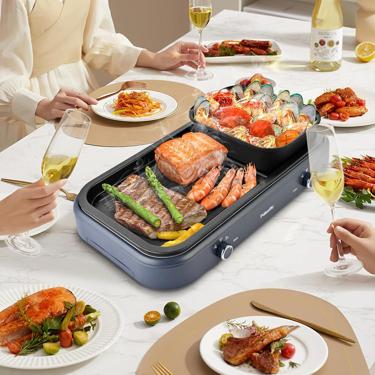 Pukomc Electric Hot Pot with Grill，2 in 1 Korean BBQ Grill Shabu Shabu Hot Po， 1500W / Temperature Control, Quick Heating Detachable Hot Pot and Baking Tray，gray